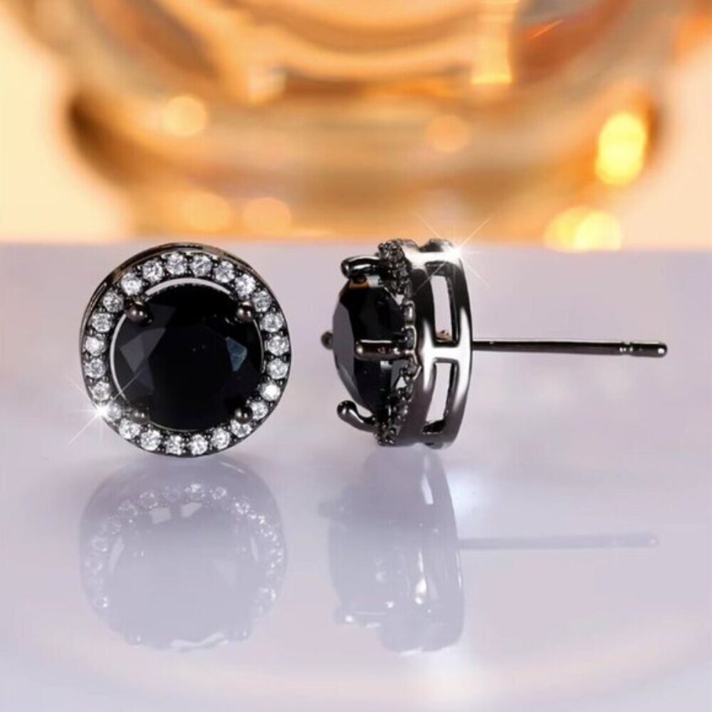 NEW 14k Black Gold Black Sapphire Diamond Stud Earrings Round Cut - Picture 5 of 6